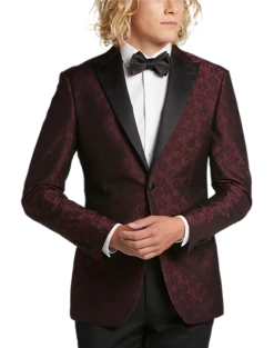 Egara Slim Fit Satin Peak Lapel Dinner Jacket, Burgundy Patterned
