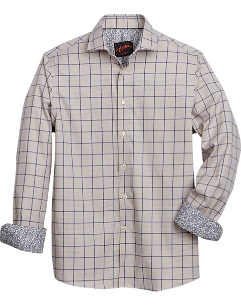 Egara Slim Fit Spread Collar Sport Shirt, Taupe Windowpane 1 Egara Slim Fit Spread Collar Sport Shirt, Taupe Windowpane